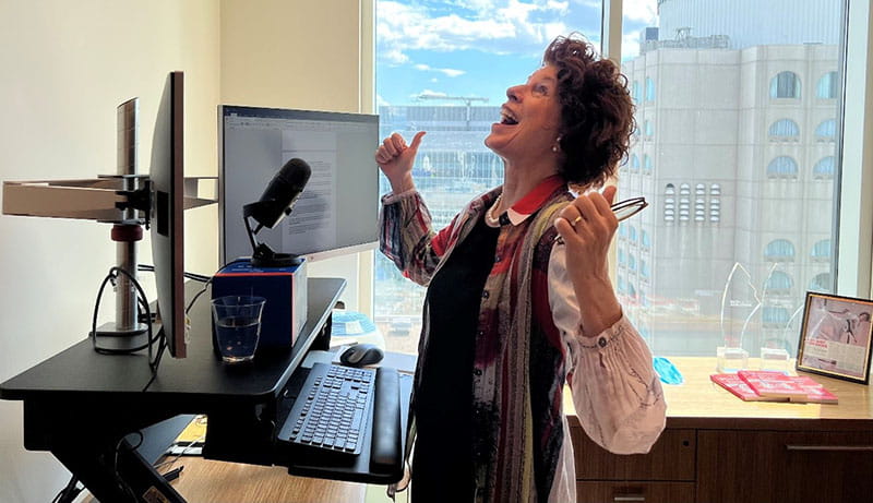 Mary Hagerman recording a podcast